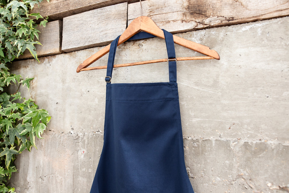LOT 14: Navy Bib Apron with Curved Pockets & Strap Adjuster