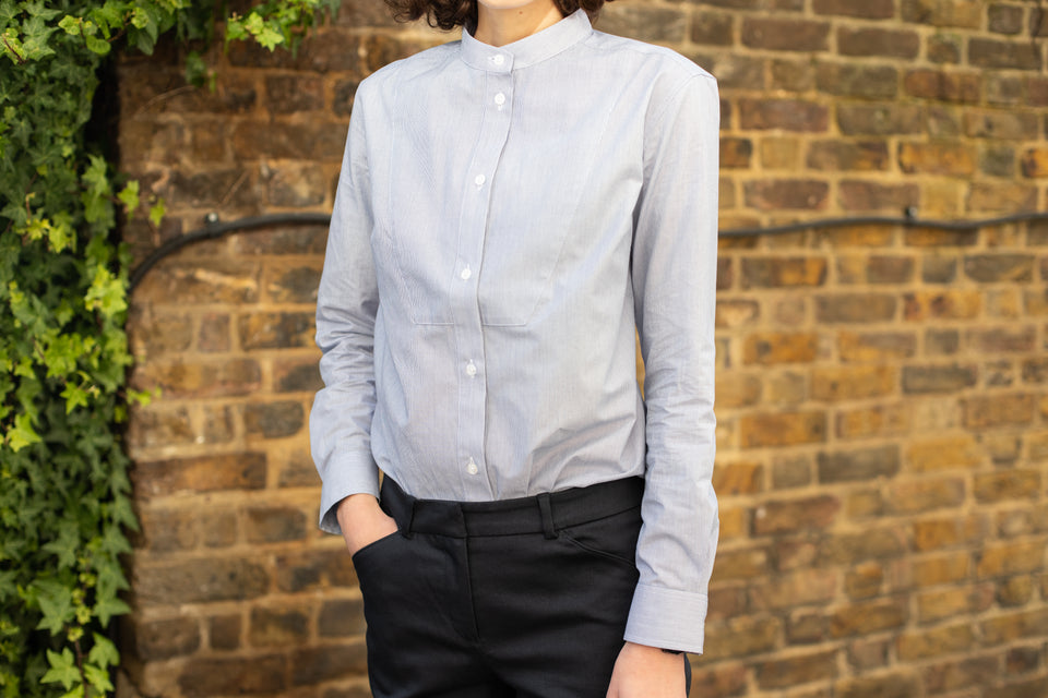 LOT 10: Female Plain Bib Shirt in Blue Micro Stripe