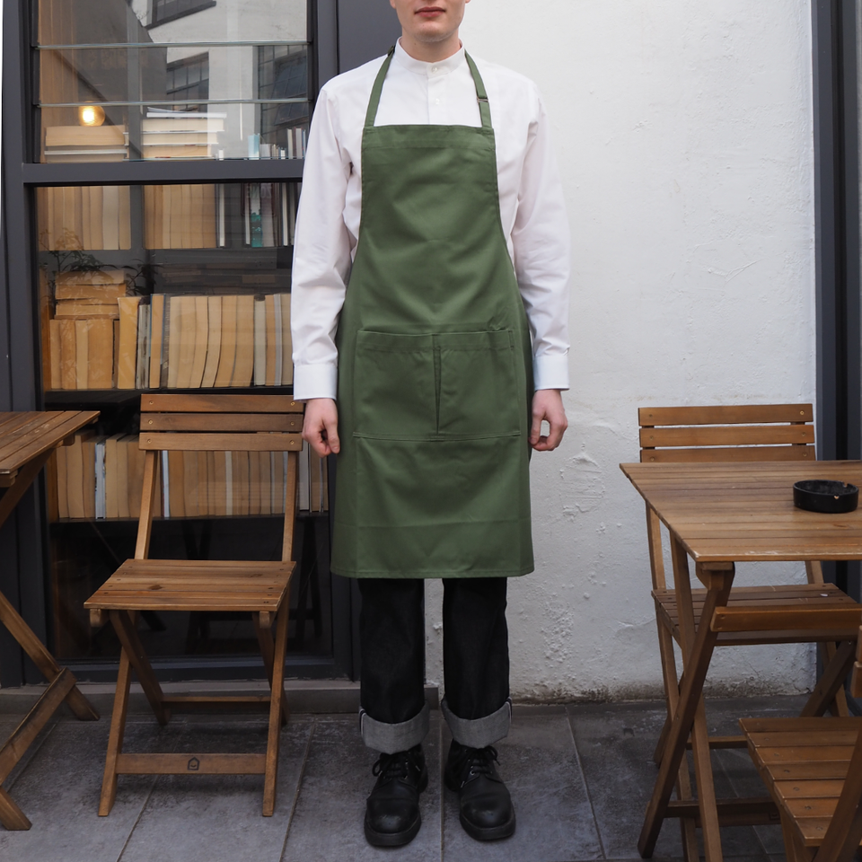 LOT 02: Sage Bib Apron with Square Pocket & Bronze Strap Adjuster